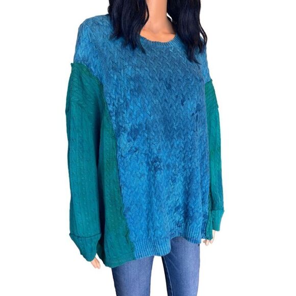 Upcycled Oversized Knit Blue Green Tunic Sweater - Picture 3 of 5